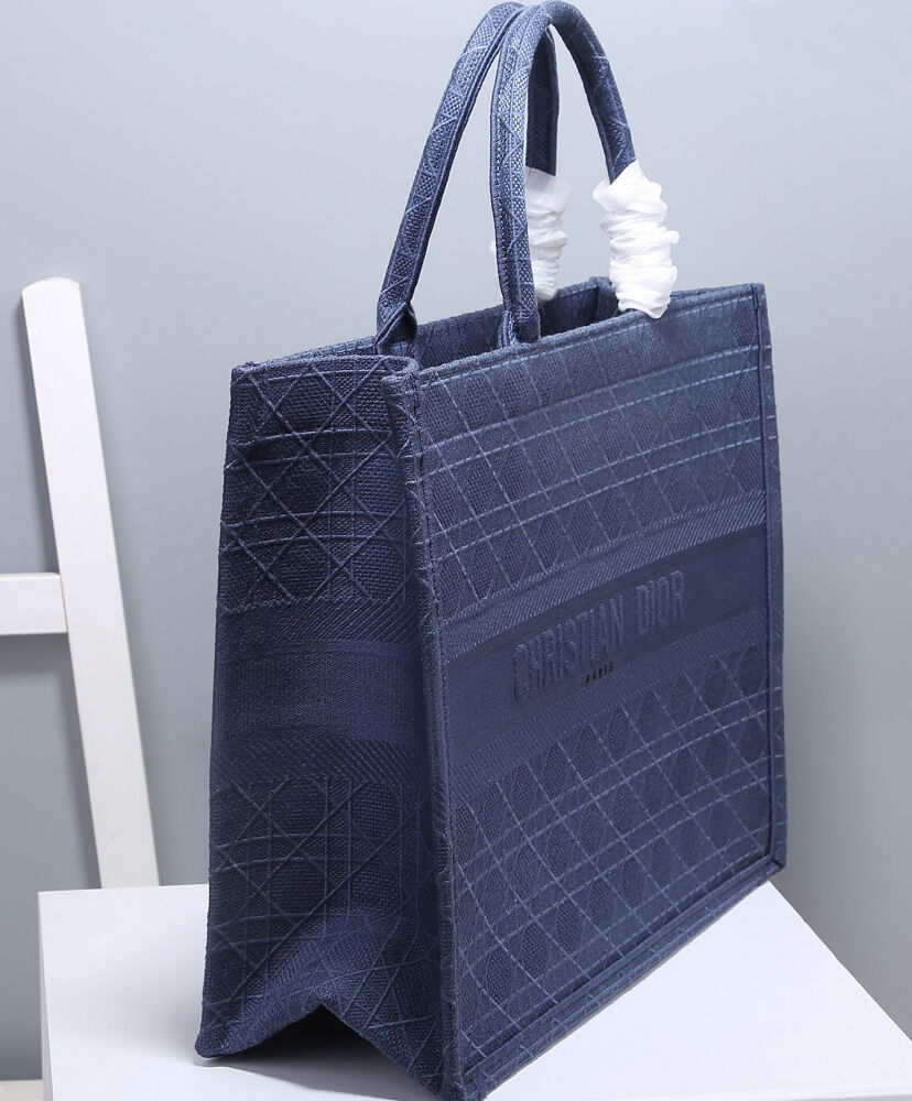 Christian Dior Cannage Embroidered Velvet Dior Book Tote Dark Blue